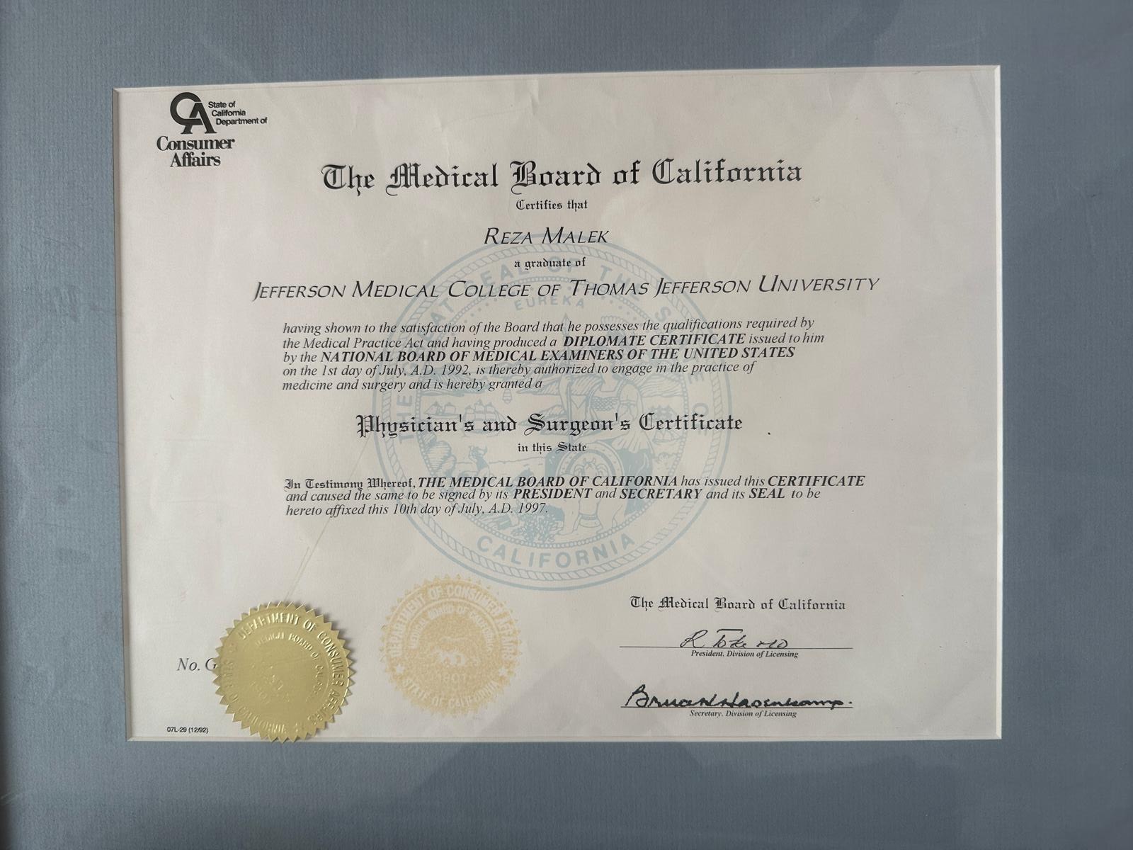 Physician's and Surgeon's Certificate — July 10, 1997 — Medical Board of California