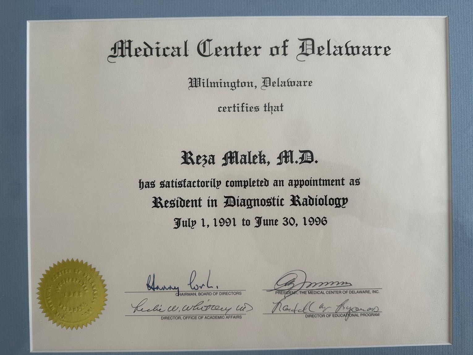 Residency in Diagnostic Radiology — 1991–1996 — Medical Center of Delaware