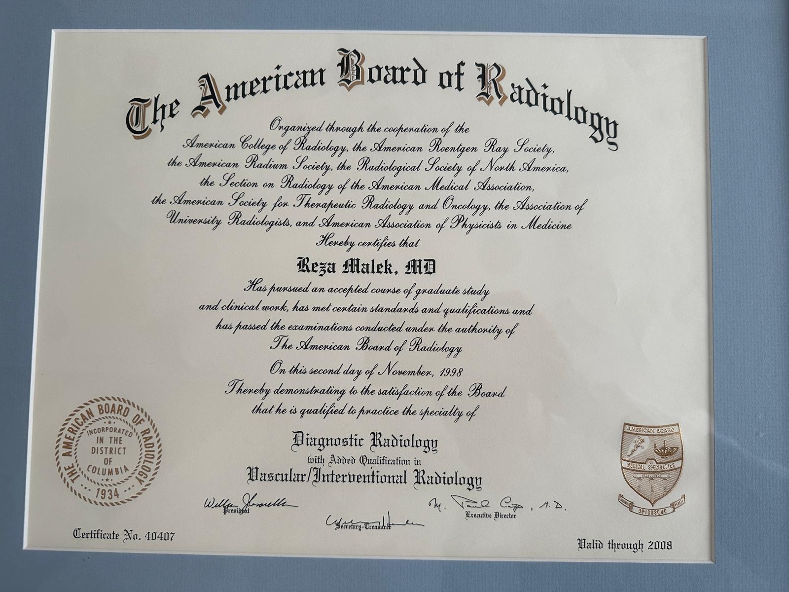 Added Qualification in Vascular / Interventional Radiology — 1998 — American Board of Radiology