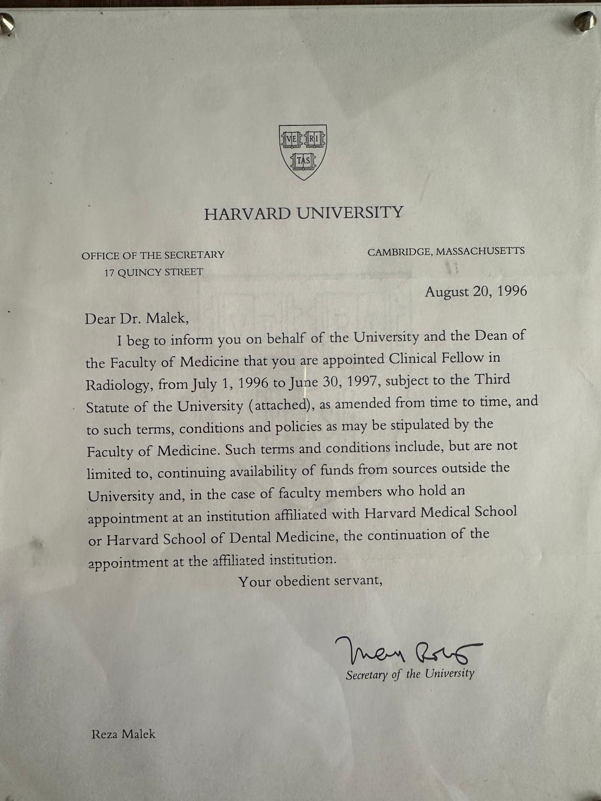 Appointment as Clinical Fellow in Radiology — August 20, 1996 — Harvard University
