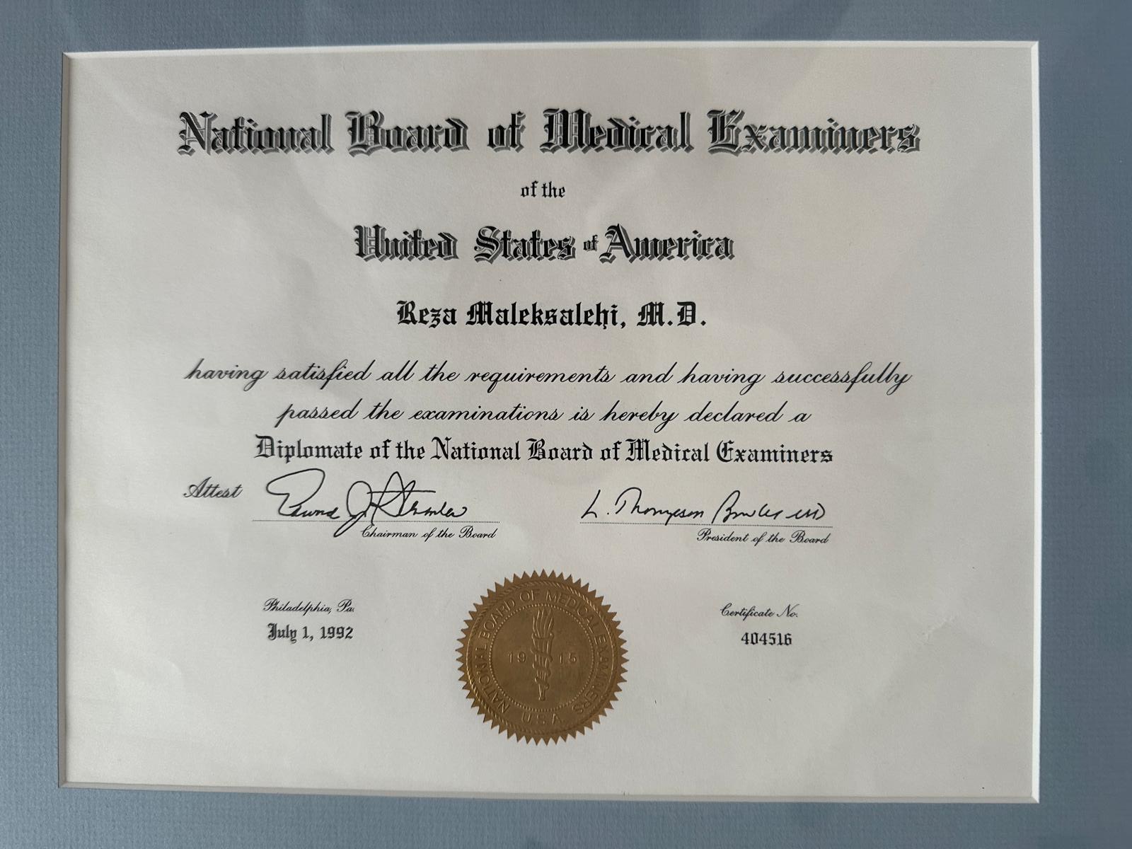 Diplomate, United States of America — July 1, 1992 — National Board of Medical Examiners